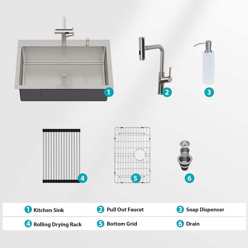 30" Drop-in Kitchen Sink Soap Dispenser 30x22x10 inch Single Bowl 16 Gauge Stainless Steel Topmount Kitchen Sink Basin