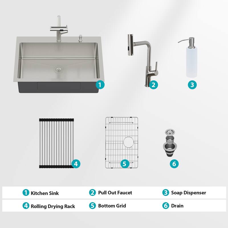33" Drop-in Kitchen Sink with Pull-out Faucet and Soap Dispenser 33x22x10 inch Single Bowl 16 Gauge Stainless Steel