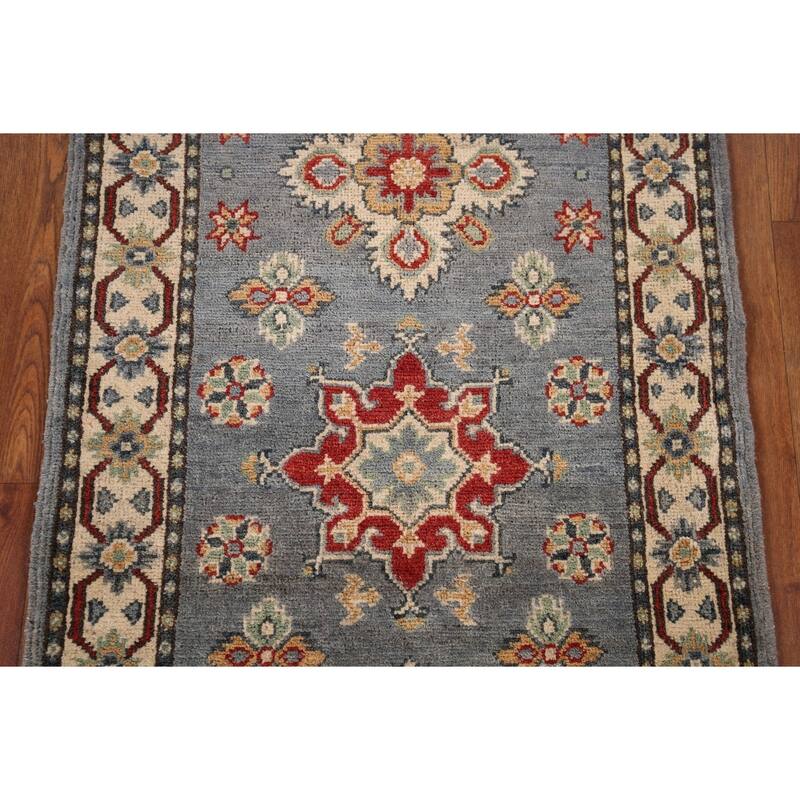 Geometric Kazak Runner Rug Hand-Knotted Floral Wool Carpet - 2'2" x 5'9"