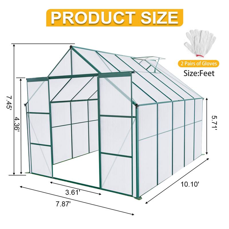 8x10FT Double Door Polycarbonate Greenhouse Raised Base and Anchor Aluminum Heavy Duty Walk-in Greenhouses for Outdoor Backyard