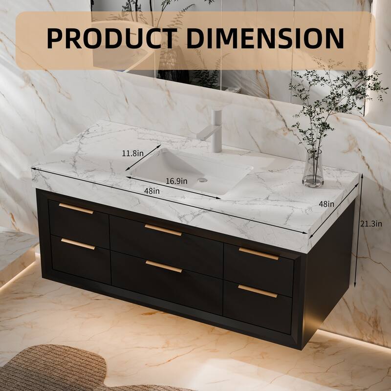Modland 48" Modern Floating Bathroom Vanity with Single Sink, Soft-Close Drawers, White Stone Countertop