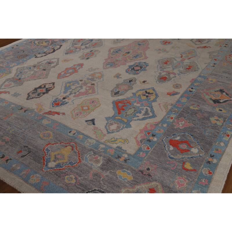 Hand Knotted Oriental 100% Wool Carpet Transitional Geometric Beige & Ivories Oushak Area Rug - 12' 4'' X 8' 11''