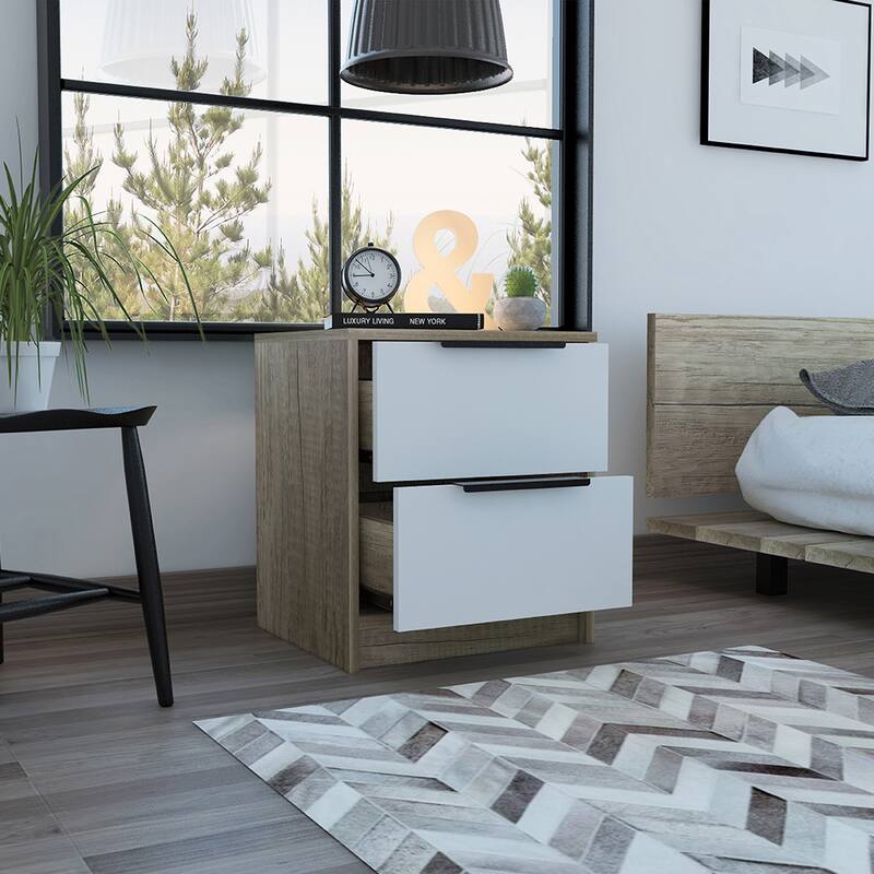 Nightstand with Two Drawers, Metal Handle - White