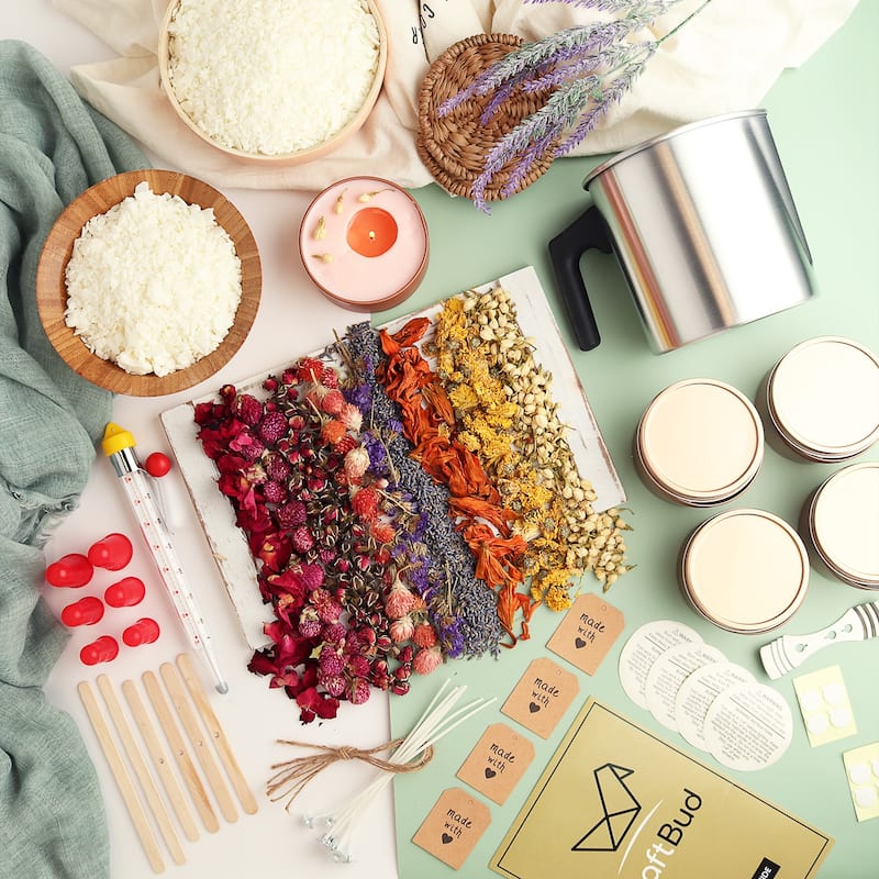 Craftbud 50 Piece Candle Making Kit with Dried Flowers - Full Botanical DIY Soy Candle Making Kit with Candle Wax and Supplies