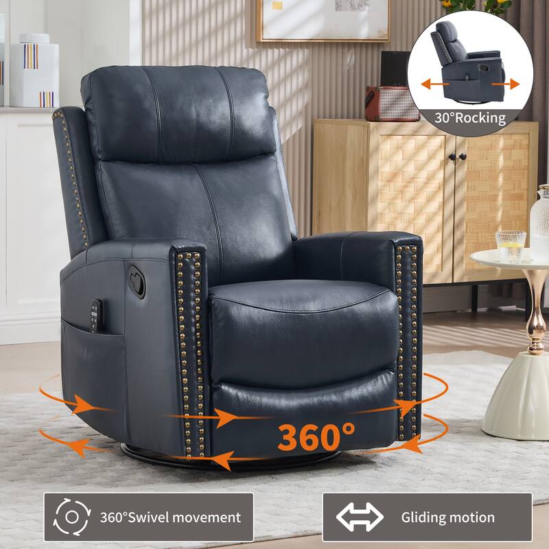One Piece Genuine Leather Recliner Chair with Massage Heat Rocker and Swivel