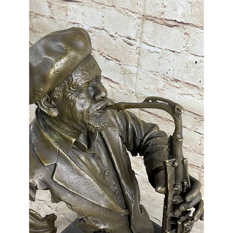 Bronze Sculpture Statue Of African American Black Jazz Saxophone Musician, Signed