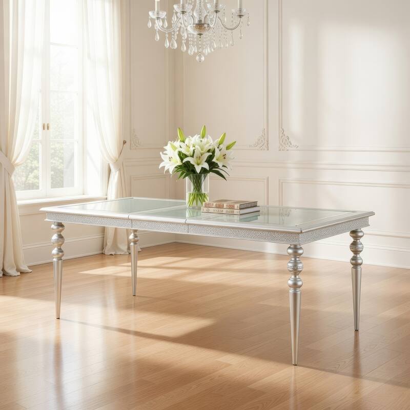 Sparkling Rectangular Dining Table with Rhinestone Inlay, Silver and Clear