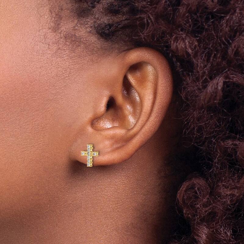 Curata 14k Gold Polished Diamond Religious Faith Cross Post Earrings - 10x8mm Wide