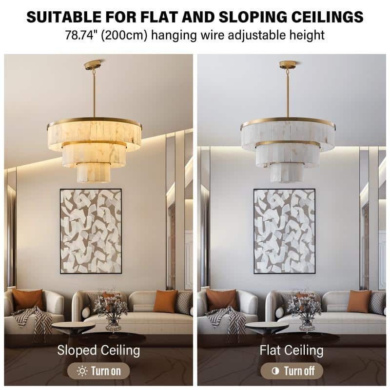 Elegant layered alabaster chandelier with natural stone panels