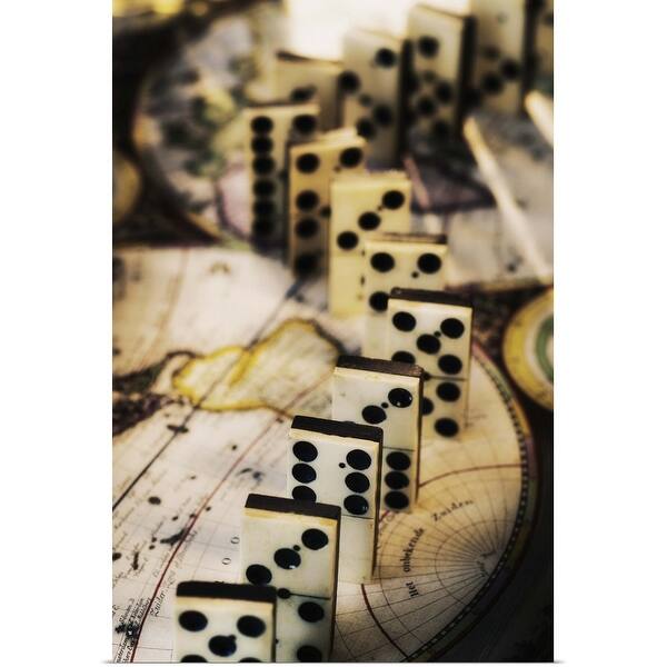 "Row of dominoes on old world map" Poster Print