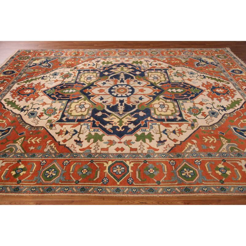 Peach Geometric Heriz Serapi Indian Area Rug Hand-Knotted Wool Carpet - 8'11" x 11'8"