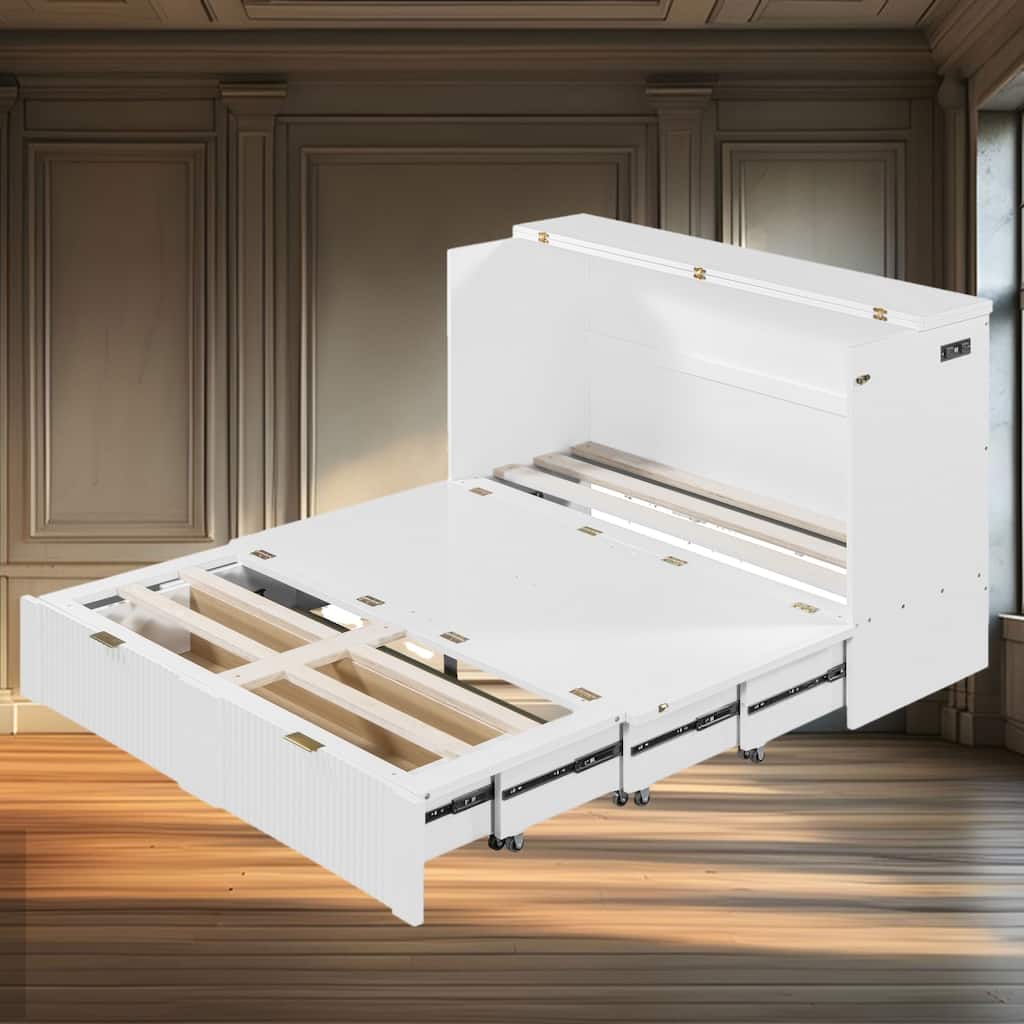 Full Size Murphy Bed with Pulley Structure Design, USB Ports, Drawer & Space-Saving Features for Multi-Use Rooms