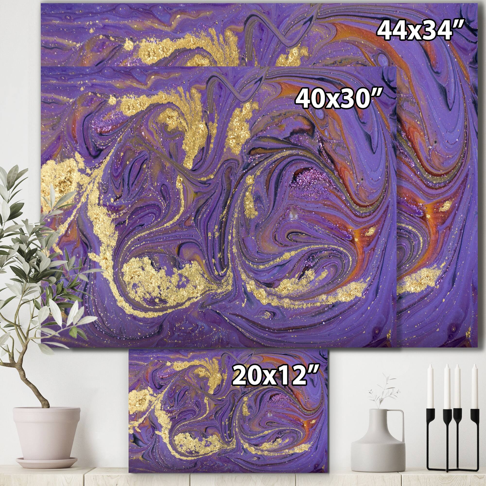 Designart "Gold And Purple Marbled Rippled Texture II" Modern