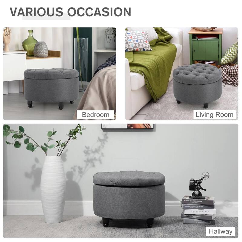 Round Linen-touch Fabric Storage Footstool Ottoman with Removable Lid
