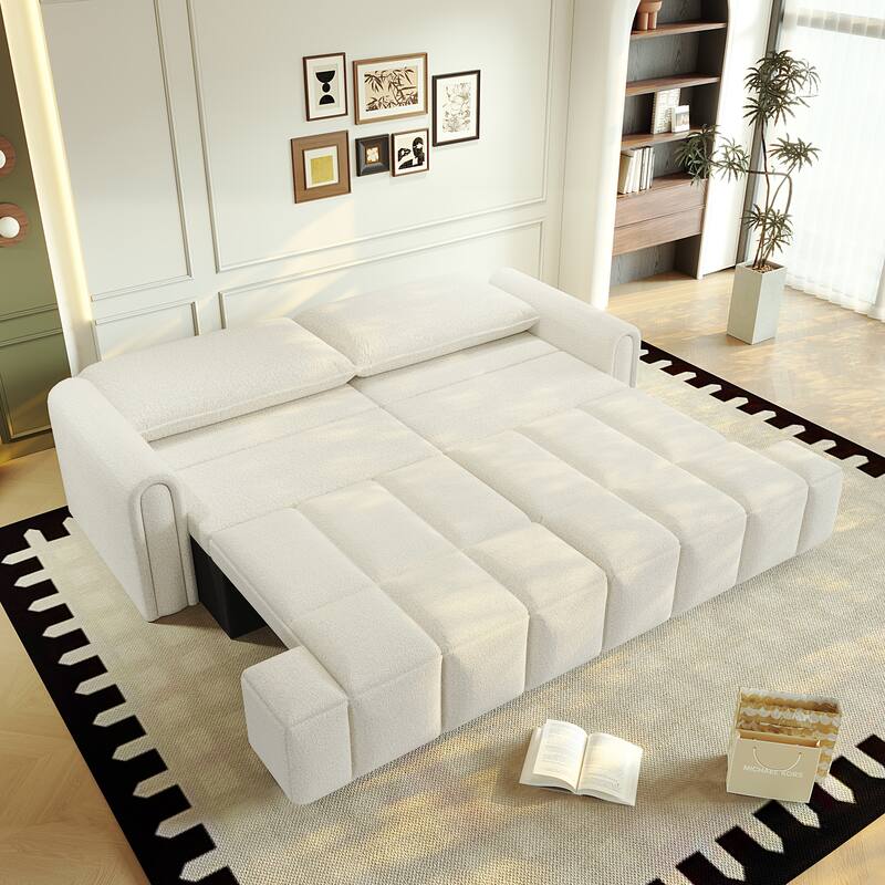 90.2" Sleeper Sofa with Pull-Out Bed, 3-in-1 Convertible Sofa Bed, Large Teddy Loveseat with Adjustable Backrest & Storage Seats