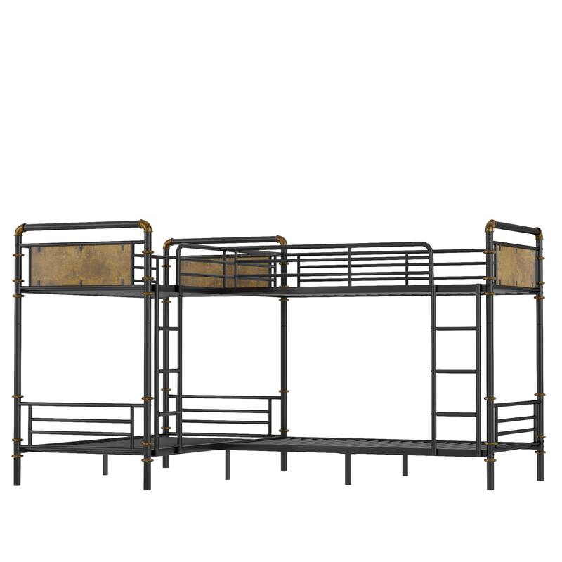 Quad Bunk Bed for 4 Kids, L-shape Metal Frame Twin Size Bunk Bed, Detachable Triple Bunk Bed, Separable Into 3 Twin Beds, Black
