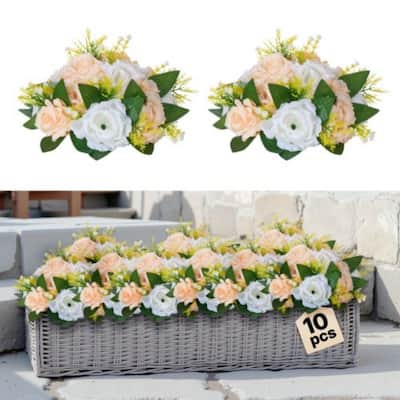 Champagne-White Silk Flower Balls Set of 10 with Plastic Base for Decor - 9.45 x 9.45 x 4.27 inch