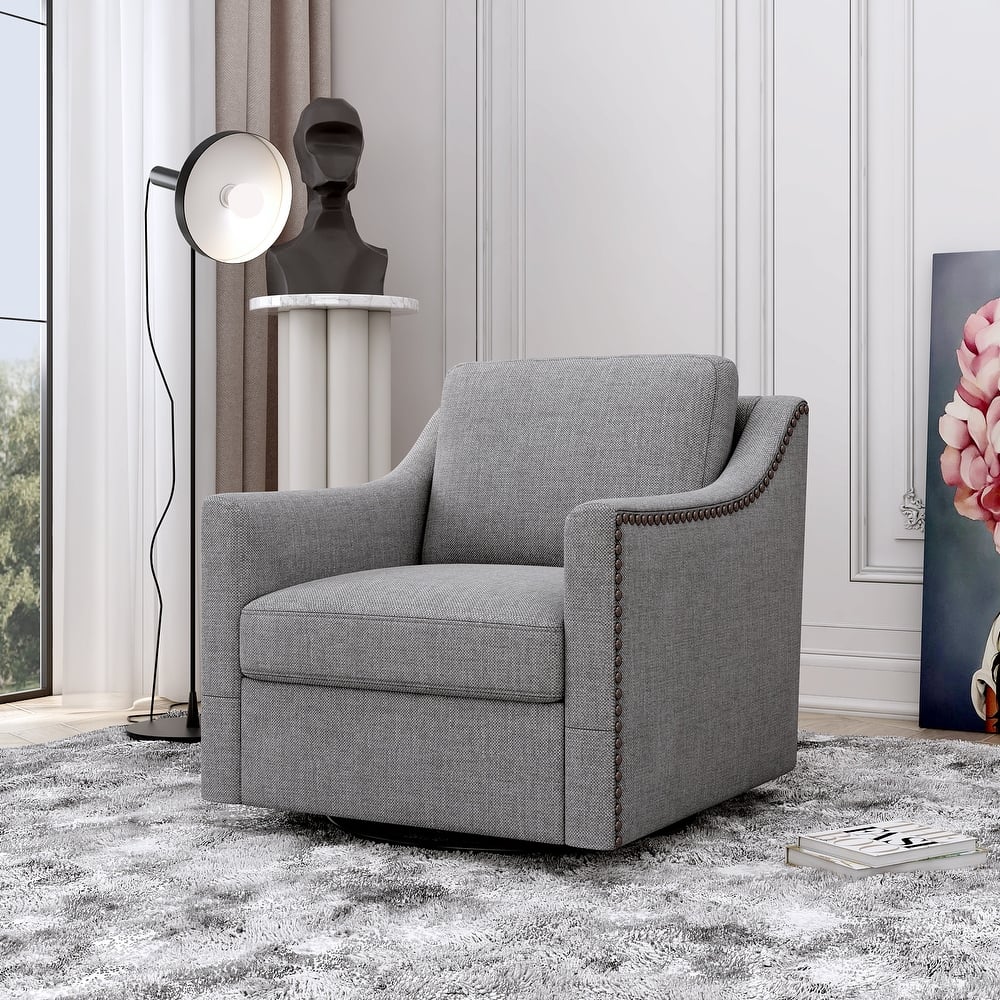 Swivel Barrel Chair, Linen Upholstered Accent Armchair with Ergonomic Design & Brass Nailhead Trim for Living Room, Bedroom