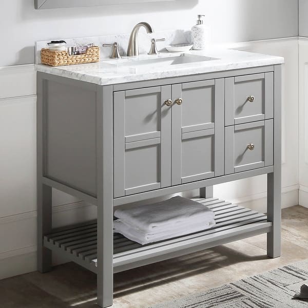 BATHLET Grey 36 inches Bathroom Vanity with Marble Top and Open Shelf - Bed Bath & Beyond - 38956750