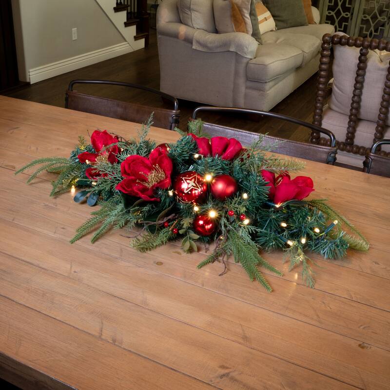 Pre-Lit LED Table Top Centerpiece Swag - Golden Leaf Red Magnolia - 36