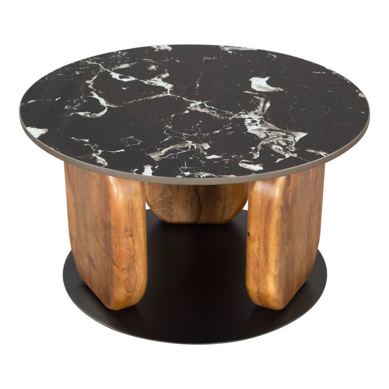 HomeRoots 30" Black and Brown Genuine Marble Marble and Solid Wood Round Coffee Table - 30.00 in. x 16.90 in. x 30.00 in.