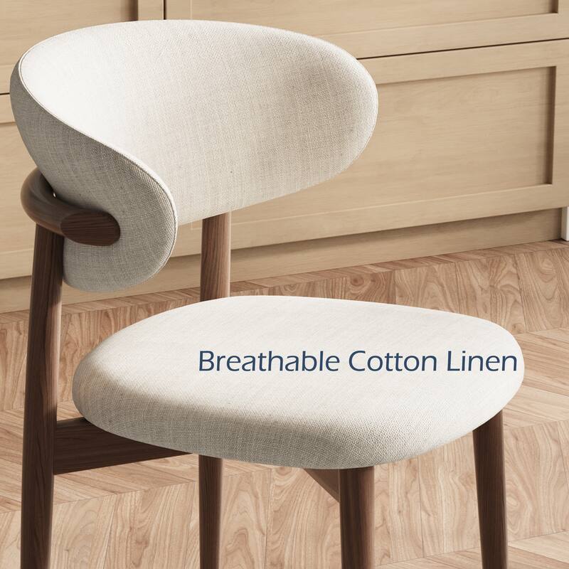 Mid-Century Dining Chair, Solid Wood Legs, Kitchen Chairs with Beige Cotton & Linen Fabric, Fully Assembled