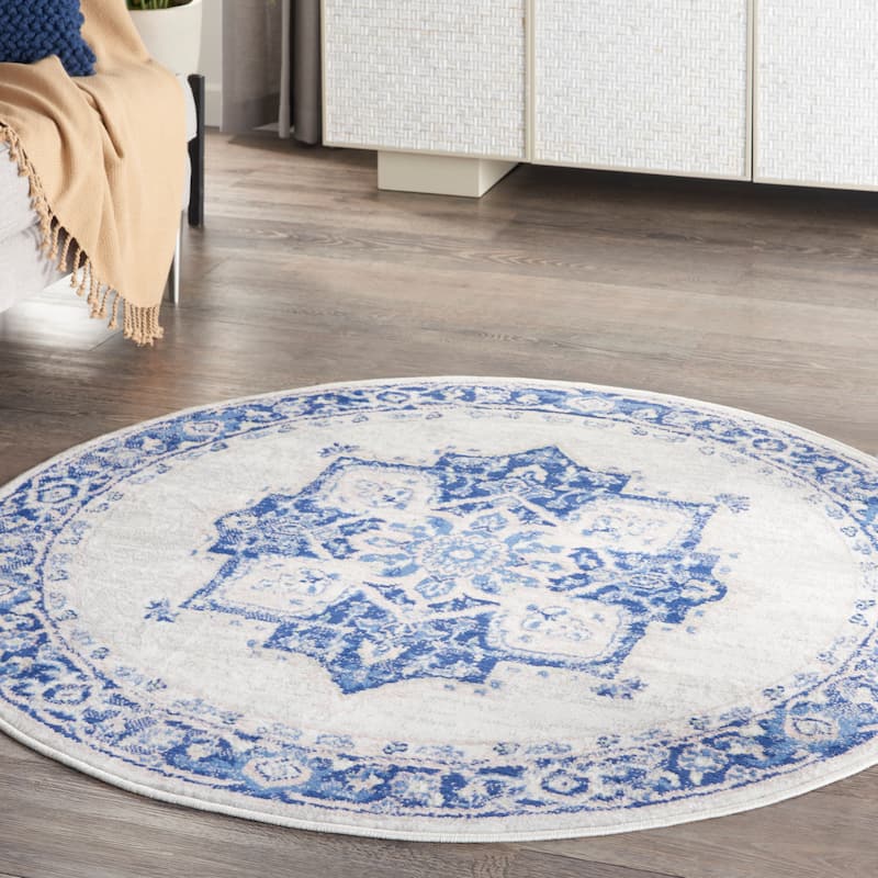 Nourison Whimsicle Modern Persian Floral Medallion Area Rug - 5' Round - Ivory Blue - Runner/Round