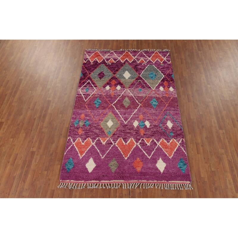 Plush Moroccan Purple Area Rug Hand-Knotted Wool Carpet - 5'11" x 9'4"