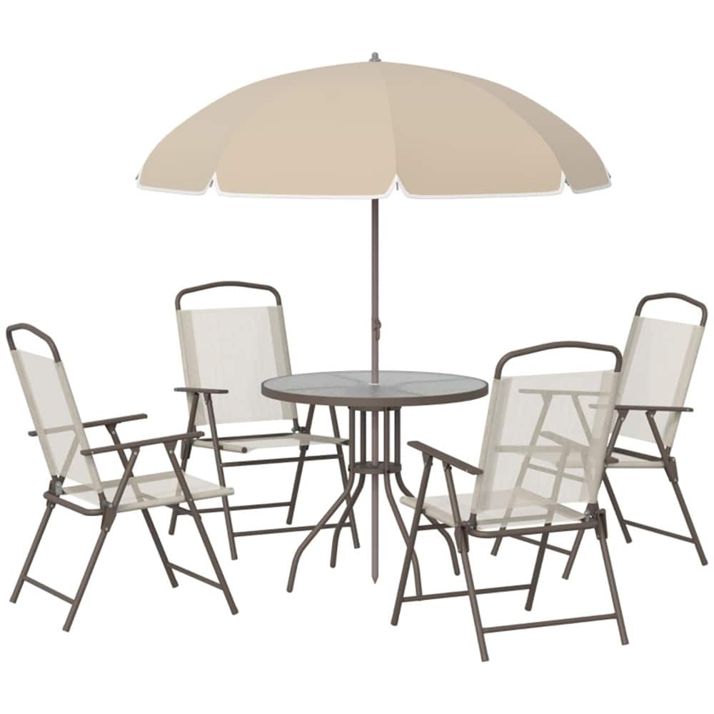4-Chair Patio Dining Set with Round Glass Table and Ruffled Umbrella for Backyard or Garden - 31.5" Dia. x 27.25" H