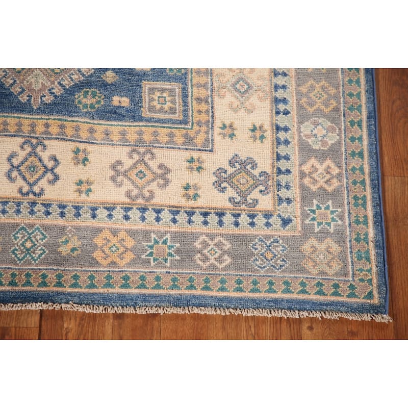 Blue Kazak Oriental Area Rug Hand-Knotted Wool Carpet - 3'11"x 6'4"