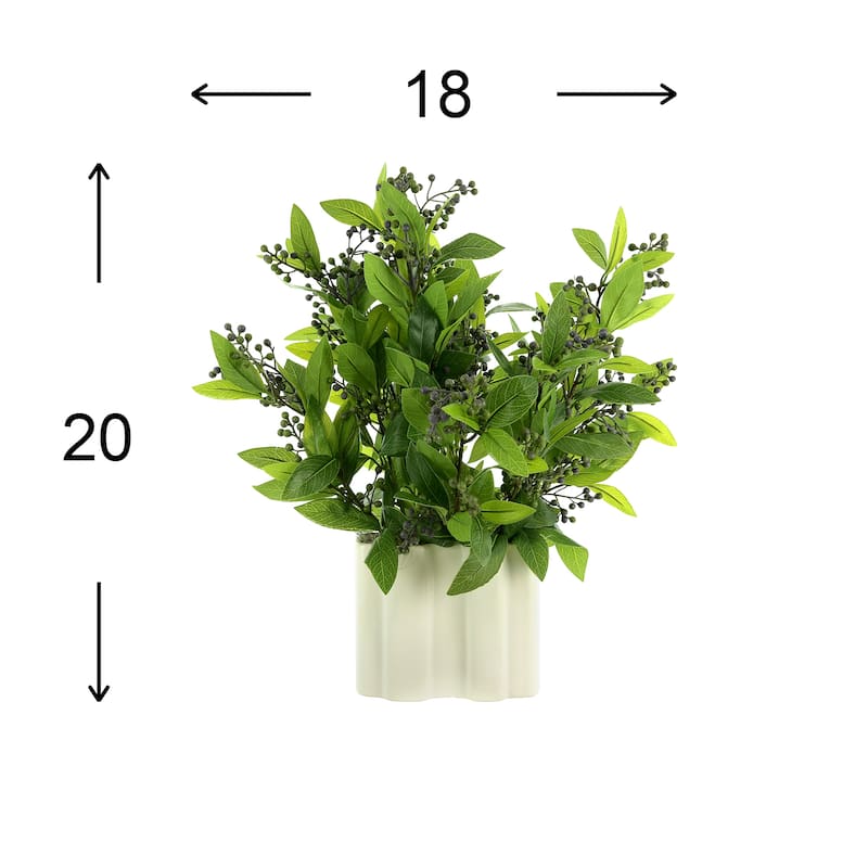 Laurel Leaf and Berry Arrangement in a Ribbed Ceramic Vase - Green