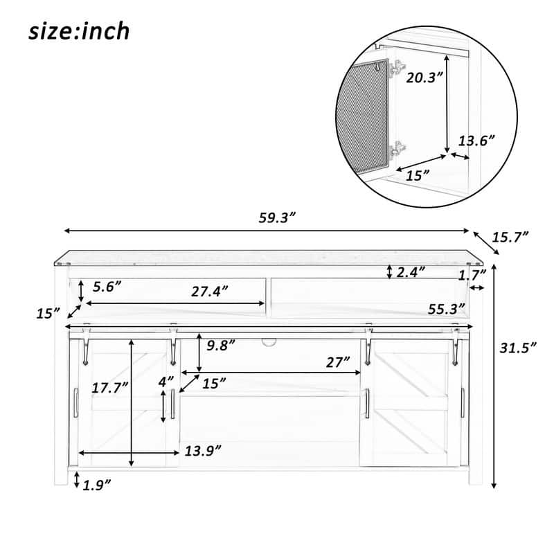 Farmhouse 59.3" Sideboard Buffet with Sliding Barn Doors and Open Storage for Living or Dining Spaces