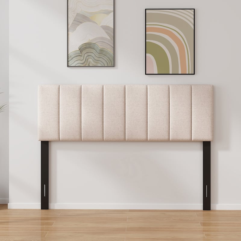 Gymax Linen Upholstered Headboard Vertical Channel Tufted Wood Leg for