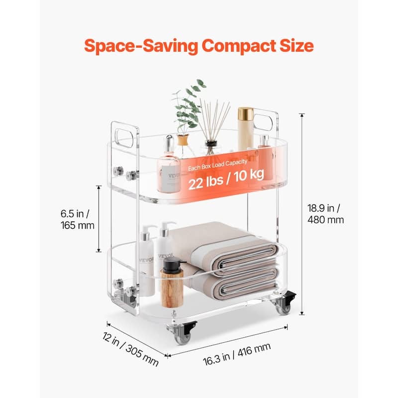 Clear Acrylic 2-Tier Side Table with Lockable Wheels and Transparent Storage - 12 x 16.3 x 18.9 in