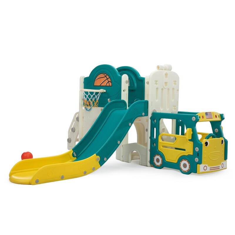 Bus-Themed 9-in-1 Kids Slide & Climbing Playset,Freestanding Castle Playhouse