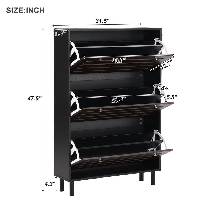 31.5 in.W Shoe Cabinet with 3 Flip Drawers and Adjustable Panel - 3-Tier