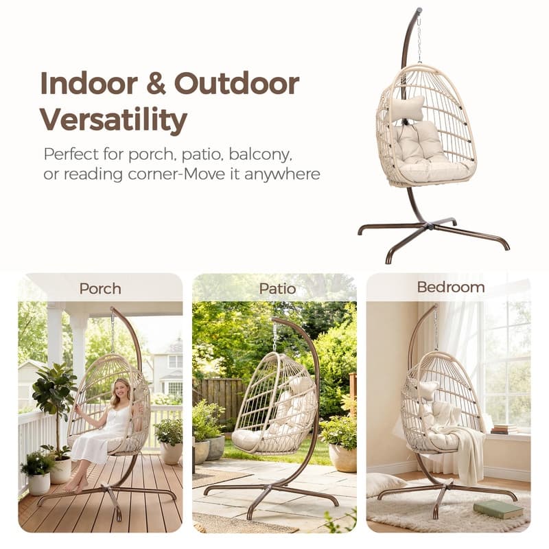Oversized 1-Person Foldable Hanging Egg Chair - Wicker Swing Chair with Stand, Portable for Indoor Outdoor Patio