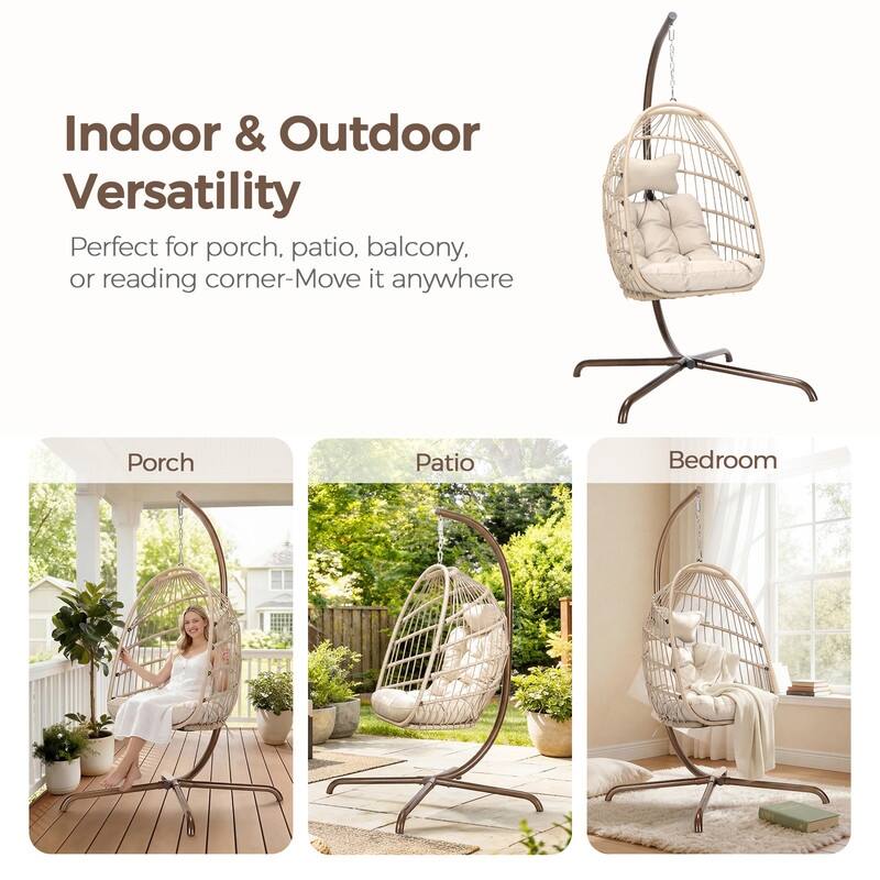 Oversized Wicker Hanging Egg Chair with Stand, Outdoor Indoor Swing Chair with Cushion, 350 lb Capacity