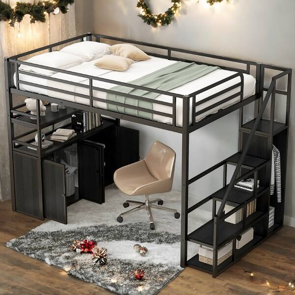 slide 2 of 10, Creative Structure Full Size Heavy-Duty Metal Loft Bed Frame with Storage Staircase and Wardrobe, Shelves & Lockers Black