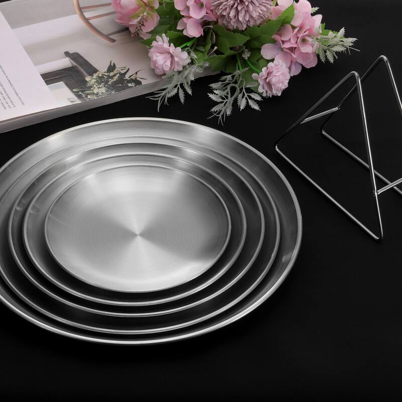 8pcs Stainless Steel Plates with Triangle Stand 6.7 Inch Plate - Silver Tone