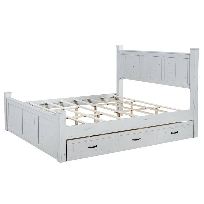 White Distressed Platform Bed Frame Wood Panel Bed w/ 3 Storage Drawers