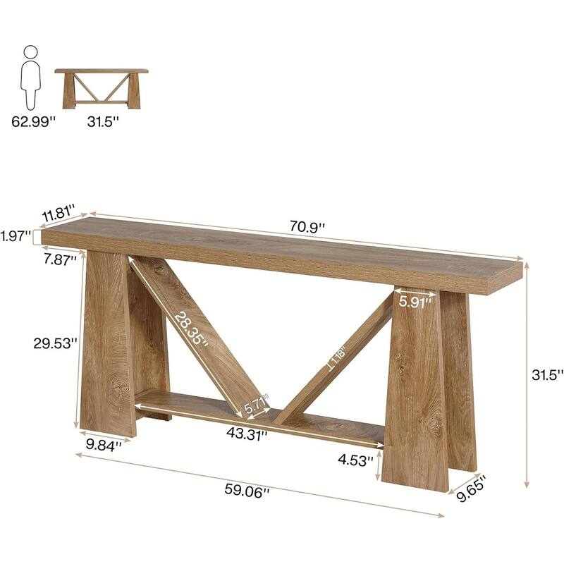 70.9" Natural Brown Farmhouse Console Table, Extra Long 2-Tier Wood Sofa Table for Living Room or Hallway