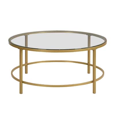 36-Inch Gold Round Coffee Table with Clear Glass Top for Living Room - 36” x 36” x 18”