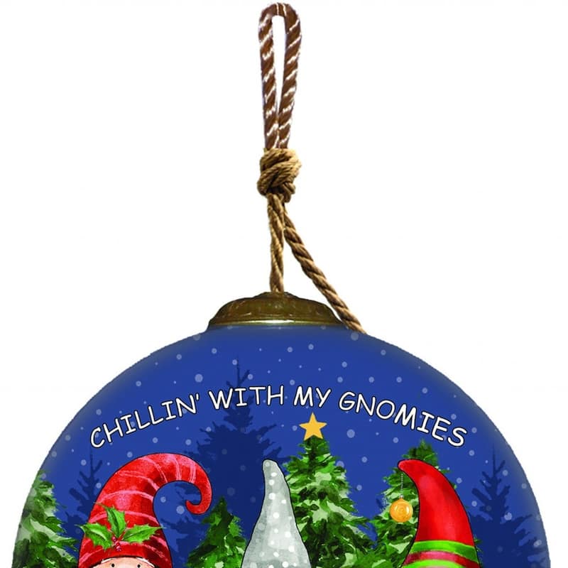 Casual Gnomes in Christmas Mode Hand Painted Mouth Blown Glass Ornament - 3"x 3" x 3"