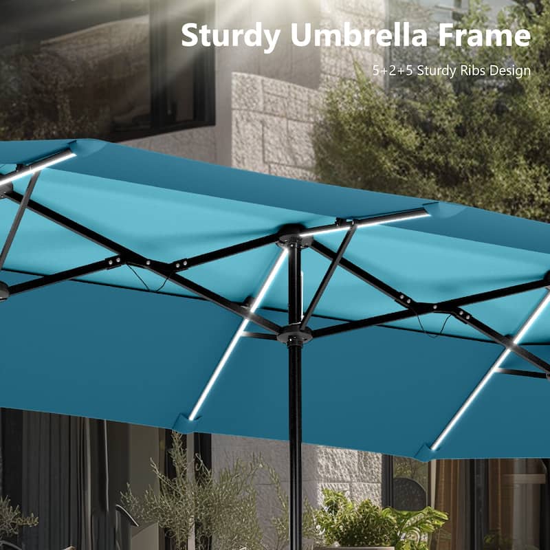 MAISON ARTS 13ft Double-Sided Outdoor Umbrella, 2-Tier Vented Market Umbrella with Colored Lights and Base