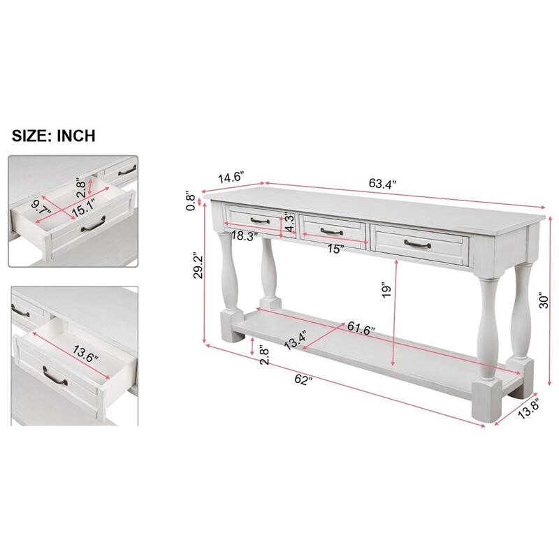 63inch Long Wood Console Table with 3 Drawers and 1 Bottom Shelf for Entryway Hallway Easy Assembly Extra-thick Sofa Table