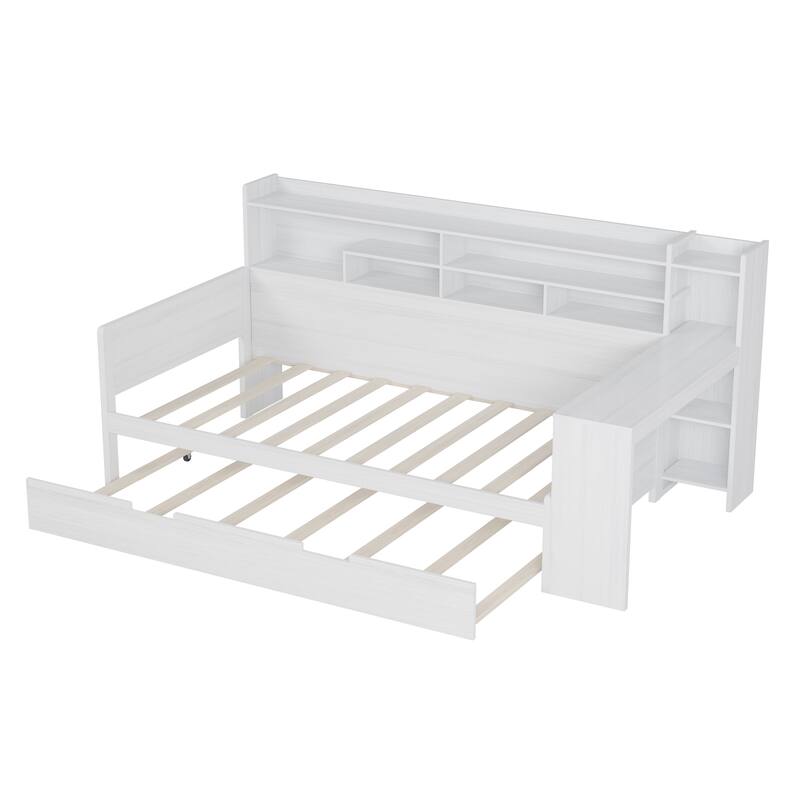 Space-Saving Twin/Full Size Daybed with Trundle and Study Desk, Wooden Platform Bed with Storage Shelves