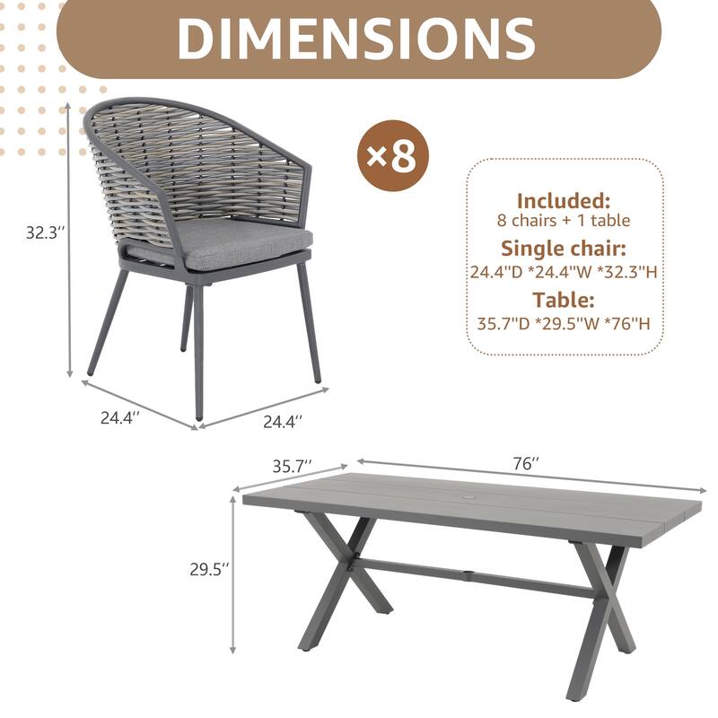 9-Piece Aluminum Outdoor Dining Set with PE Rattan Chairs