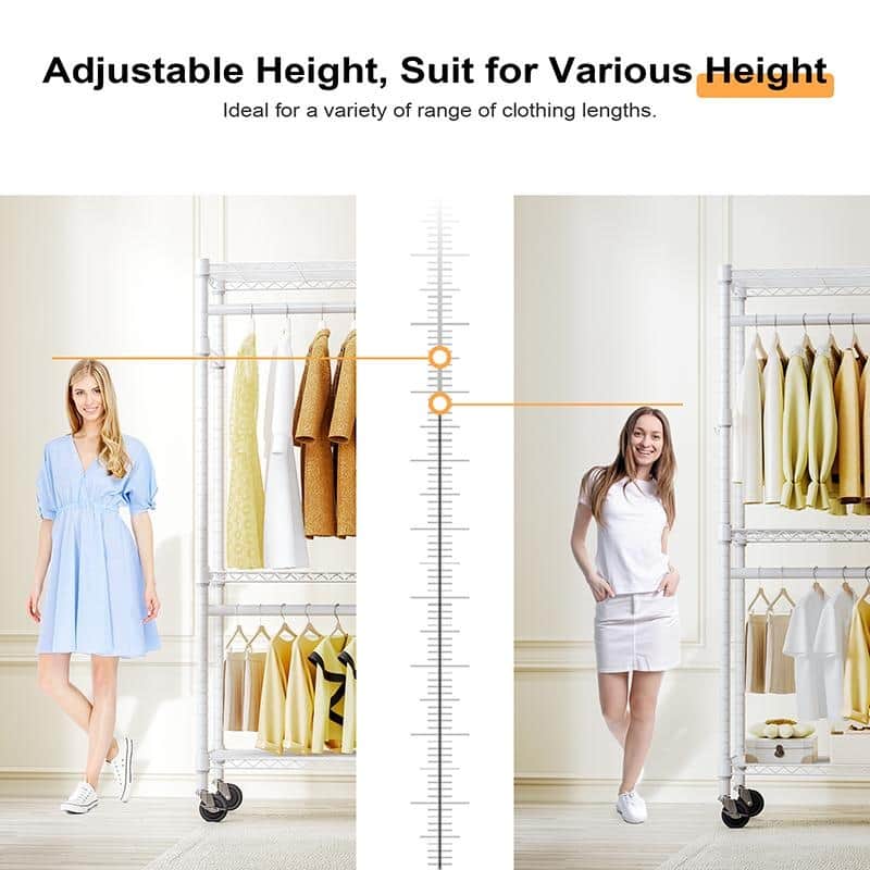 Anmytek Heavy Duty Rolling Clothing Rack with Shelves and Wheels White Garment Storage Organizer