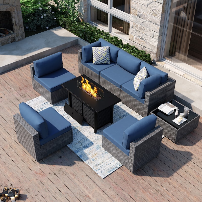 8-Piece Outdoor Patio Wicker Conversation Set with Fire Pit Table, Sectional Sofa & Cushions - N/A